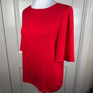 LOFT Women Blouse Sz S Red Sheer Front Boat Neck Short Tulip Sleeve Back Knit